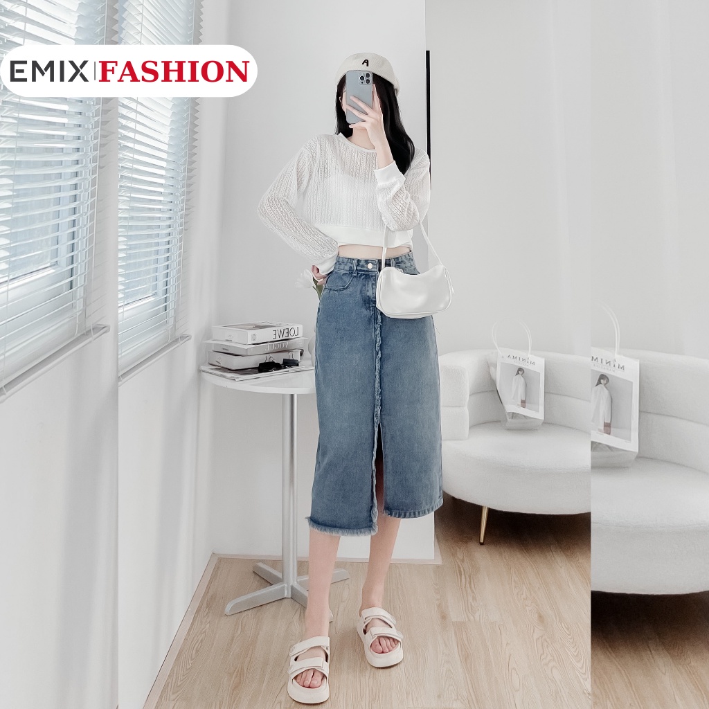 Chân váy jeans EMIX dáng dài xẻ vạt giữa, cạp cao, midi, dài khoảng 76cm 013
