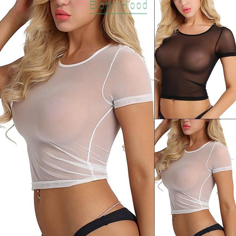 Ladies Women Tops Tight Clubwear Cropped Mesh Short sleeve Transparent#BBHOOD