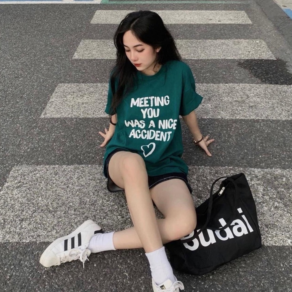 Áo thun tay lỡ xanh lá Meeting You. Áo phông form rộng cotton Ulzzang nam nữ Unisex