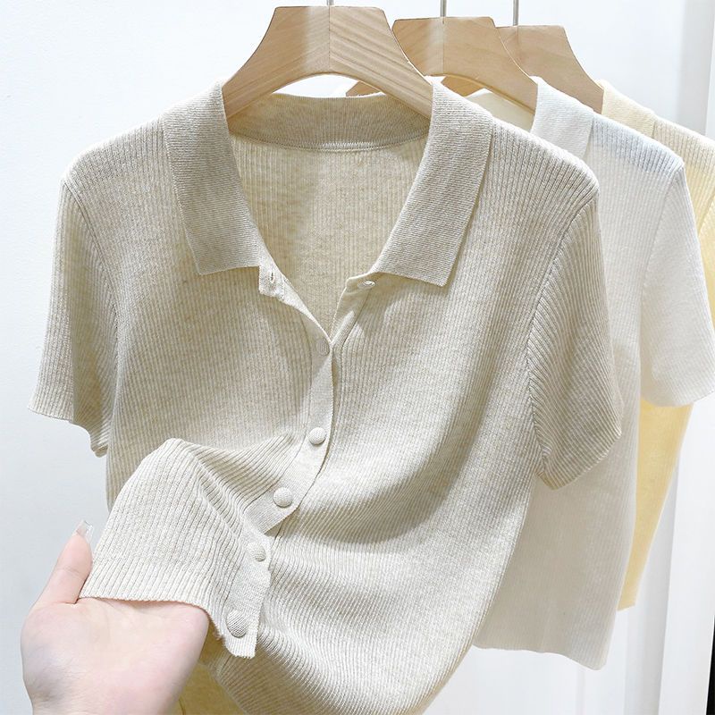 Áo Polo Dệt Kim Mỏng Tay Ngắn Thời Trang Mùa Hè Phong Cách Hàn Quốc Cho Nữ