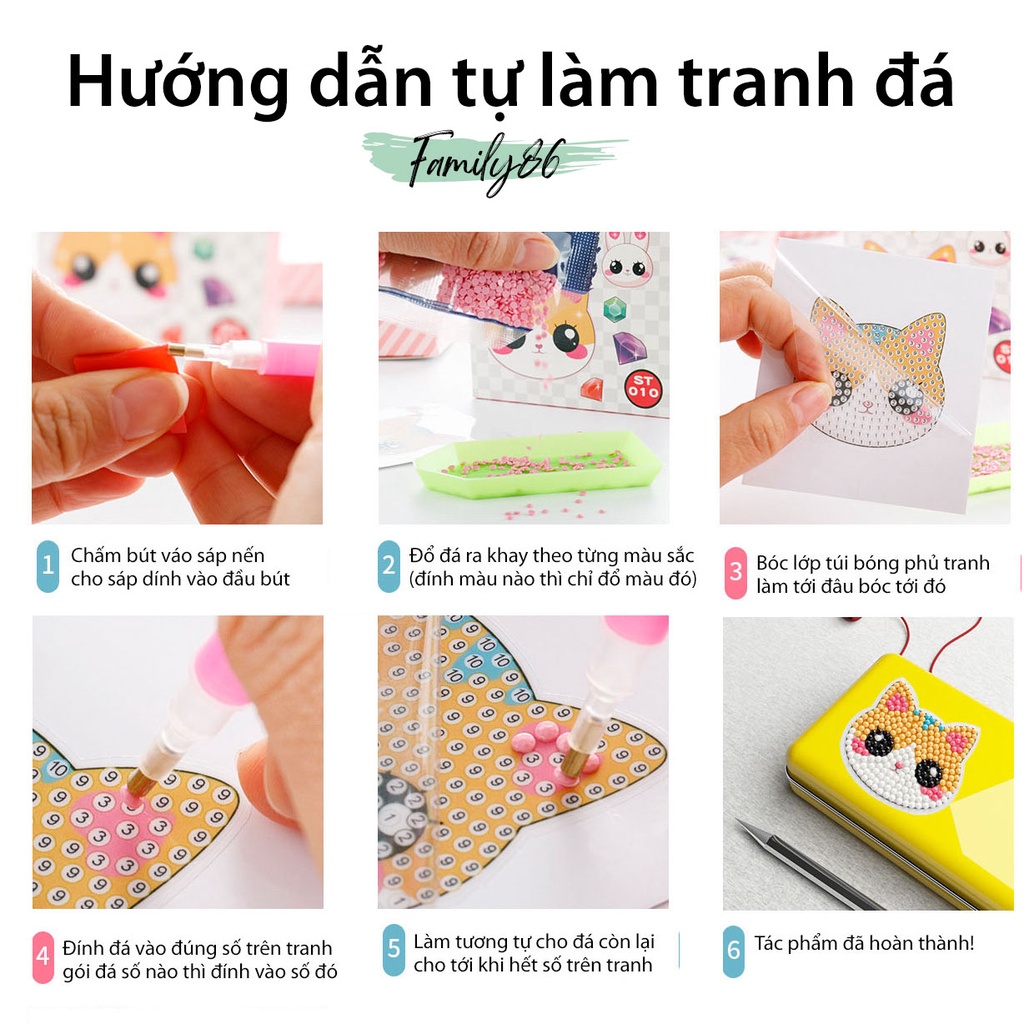 Tranh tự đính đá mini nhỏ cho bé, tranh đá tự đính tự làm họa tiết hoạt hình dễ thương có sẵn khung