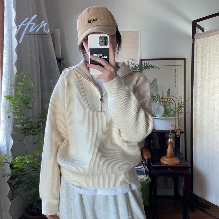 Áo Sweater Cổ Cao Dáng Rộng Phối Khóa Kéo Đơn Giản Theo Phong Cách Thu Đông Hàn Quốc Dành Cho Nữ