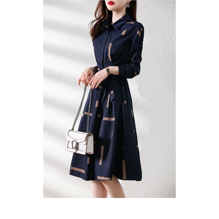 Đầm Sơ Mi Dài Qua Gối Ôm Eo Màu Sắc Tương Phản Thời Trang Xuân Thu 2023