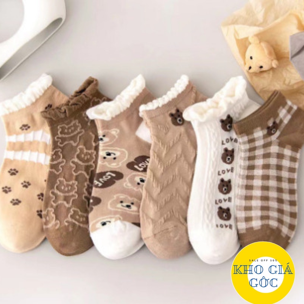 Set 6 đôi tất hình Gấu tone Nâu cổ ngắn nhún bèo xinh xắn