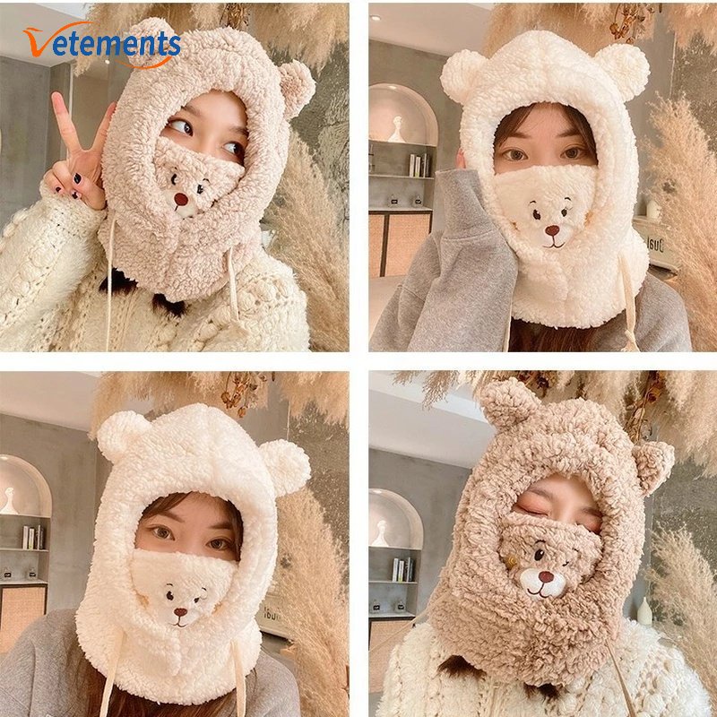Mũ Lông Cừu Dây Rút / Khăn Choàng Cổ Dày Dặn Chống Gió Giữ Ấm Toàn Diện Hình Tai Gấu Hoạt Hình Thời Trang Mù