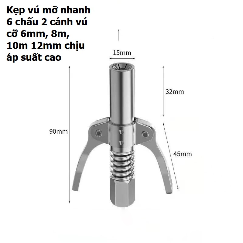 Kẹp vú mỡ nhanh ,Kẹp bơm mỡ 2 cánh 6 chấu,kẹp được vú 6M, 8M, 10M, 12M sử dụng cho các loại bơm tay, bơm hơi, bơm pin