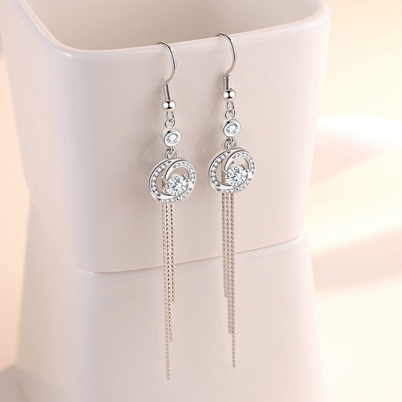 Bông Tai Dáng Dài Đính Đá Zircon Phối Tua Rua Thời Trang Cho Nữ