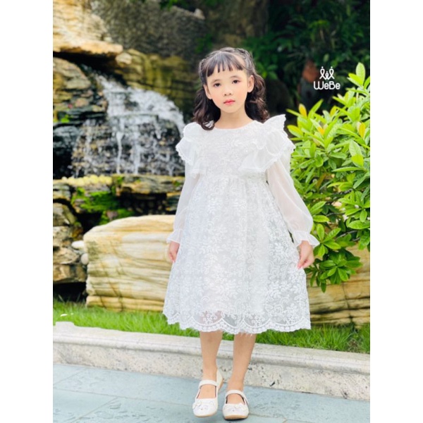 ĐẦM VÁY BÉ GÁI DÀI TAY VOAN TƠ PHỐI REN  BÉ GÁI HAIVANCO từ 12 đến 40 kg mềm mại THOÁNG MÁT đi học đi chơi đều đẹp