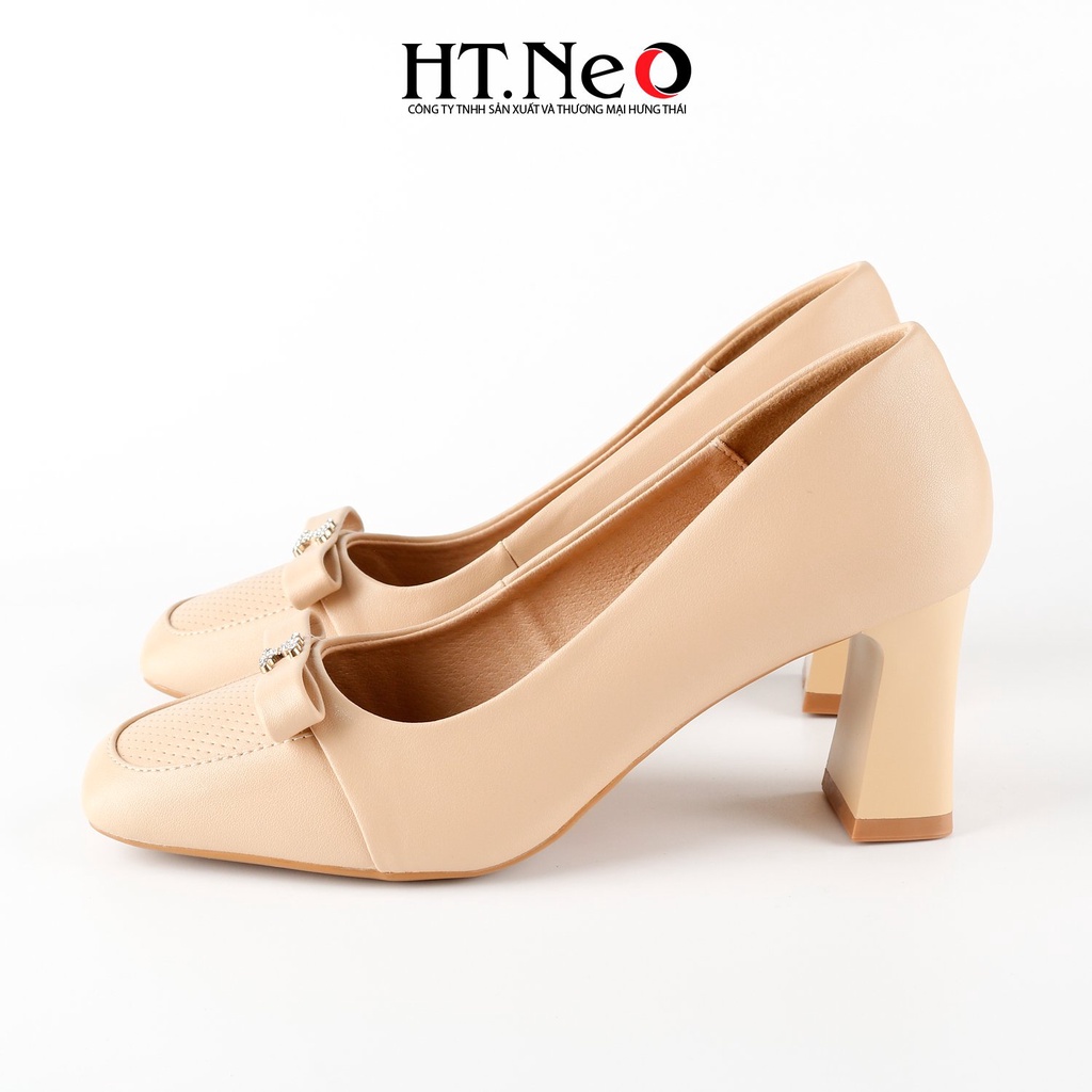 Giày cao gót đế vuông 7cm HT.NEO da bò siêu mềm, Nơ đính đá sang trọng, thanh lịch và vô cùng chắc chắn CS270