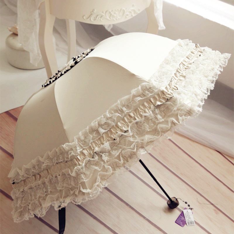 Dù Che Mưa Nắng Chống Tia UV Màu Đen Phối Ren Thời Trang Cho Nữ