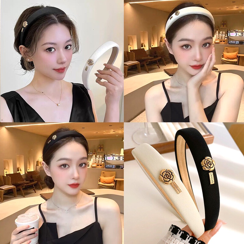 Băng Đô Cài Tóc Xốp Đính Hoa Trà Phong Cách Retro Thanh Lịch Dành Cho Nữ