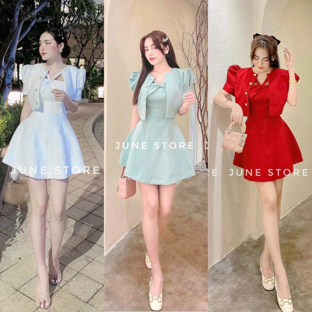 Sét 2 món áo khoác tay phồng ngắn kèm đầm hai dây chéo (có mút) kiểu dáng cực xinh