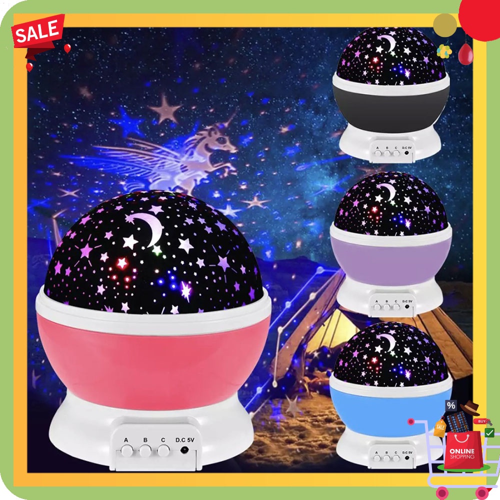 Đèn Ngủ Chiếu Sao Mặt Trăng Trang Trí Phòng- Đèn LED Chiếu Ban Đêm Bầu Trời, Nhiều Màu, Tự Động Xoay 360 Ru Bé Dễ Ngủ