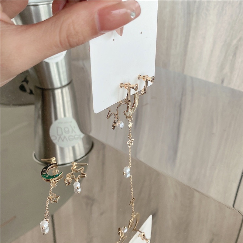 Khuyên tai kẹp không bấm lỗ chốt điều chỉnh K258 bằng hợp kim mạ vàng bất đối xứng hình mặt trăng dáng dài Leous