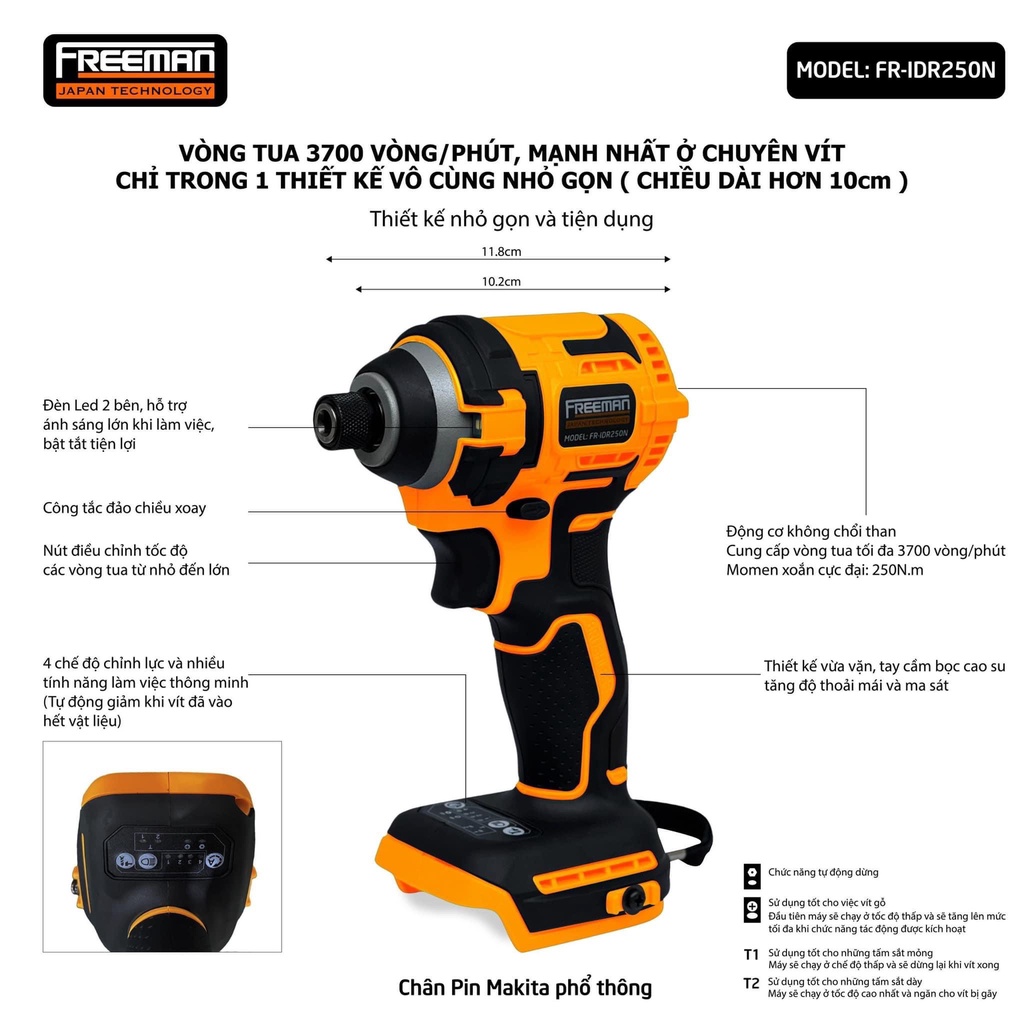 Máy Bắn Vít Freeman 250N.m / Dòng Compact 21V / 4 Mode / 4 Cấp Số / FR-IDR250N / Chân Pin Phổ Thông Makita