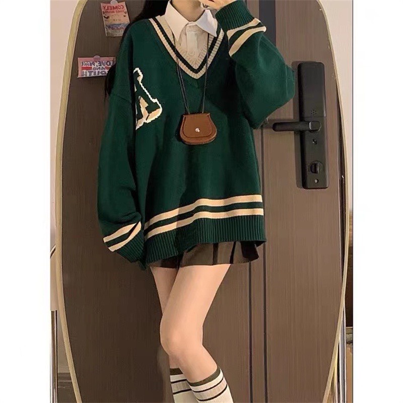 Áo Nỉ Nữ Cổ V Phối Viền Chữ R, Áo Sweater Hàn Quốc Phong Cách