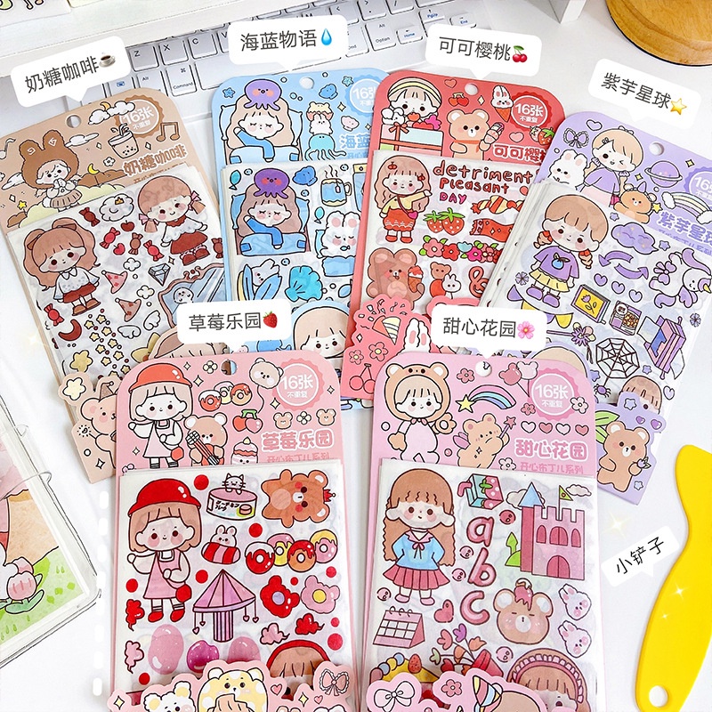 Set 16 Tấm Sticker Dán Trang Trí Sổ Tay diy Họa Tiết Hoạt Hình Dễ Thương