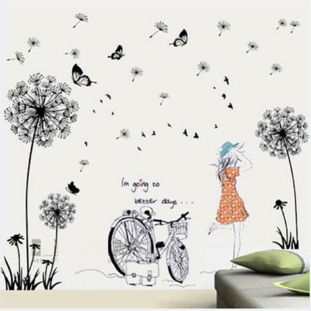 Decal dán tường bồ công anh + cô gái và xe đạp