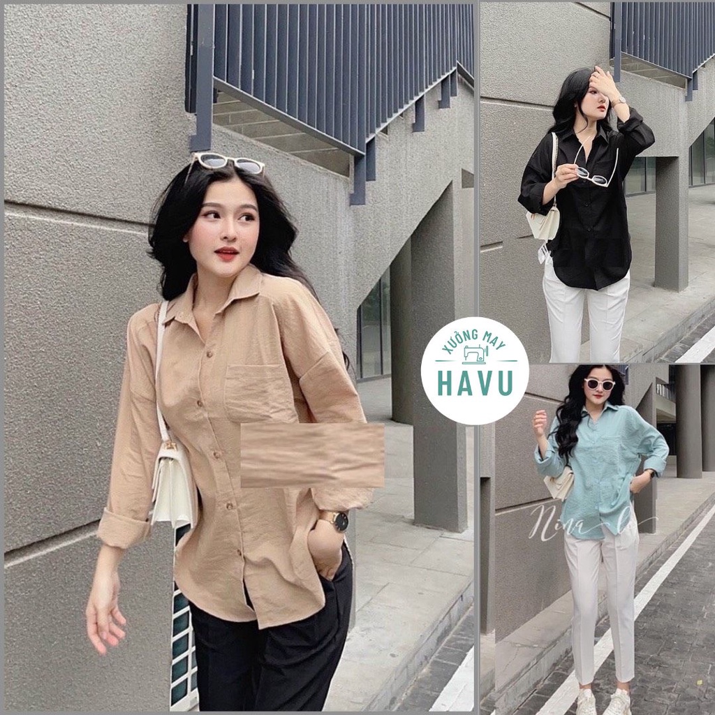 Áo sơ mi nữ đuôi tôm phối túi ngực chất đũi lụa - Thun kiểu dài tay công sở học sinh hàn quốc phong cách ulzzang