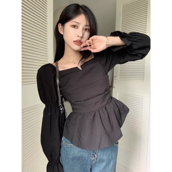 Áo cổ vuông cách điệu xếp li tay bồng chun đủ size S M L huyen hip