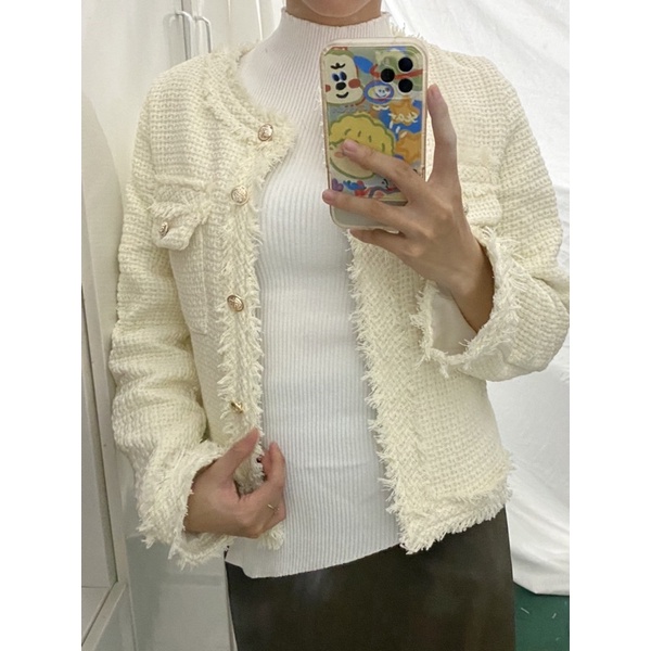 Áo khoác dáng ngắn vải dạ tweed thanh lịch