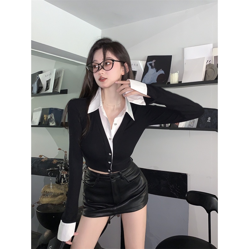 Cocory vn Áo Sơ Mi Nữ Tay Dài Dáng Ôm Màu Tương Phản Thời Trang