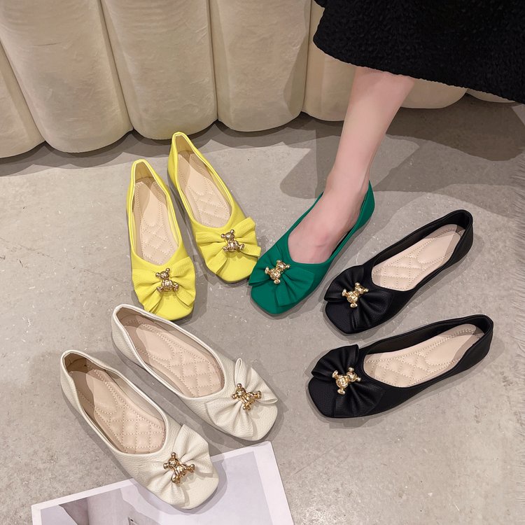 Giày Búp Bê Mũi Tròn Đính Nơ Màu Trơn Đơn Giản Thời Trang Cho Nữ