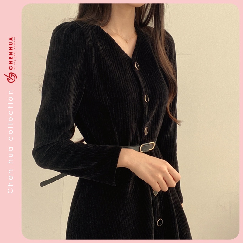 Váy nhung tăm dài tay ChenHua đầm len QC đẹp VT29