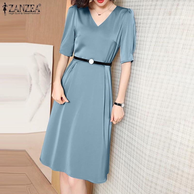 Zanzea Đầm Midi Ngắn Tay Cổ Chữ V Có Khóa Kéo Sau Lưng Thời Trang Cho Nữ