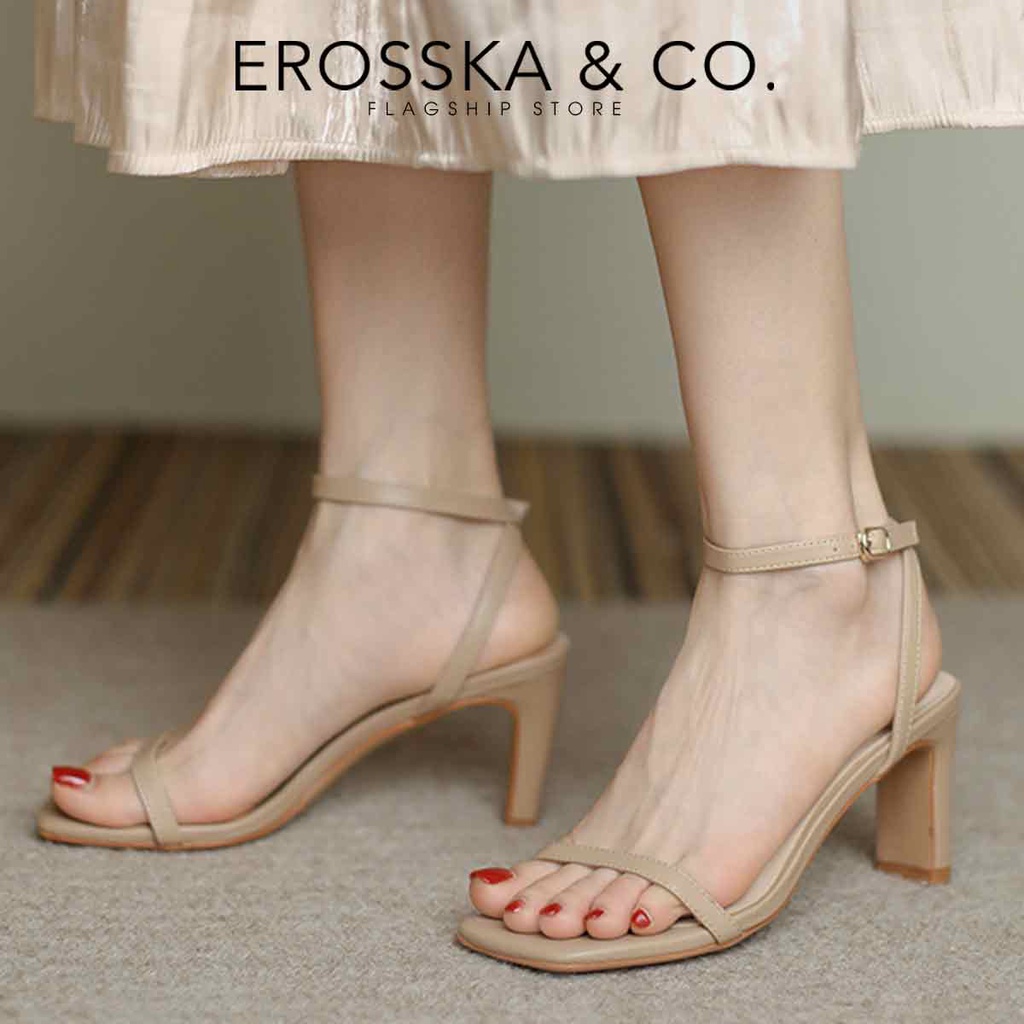 Erosska - Giày sandal cao gót nữ mũi vuông quai nhún thanh lịch cao 8cm màu nude - EB044