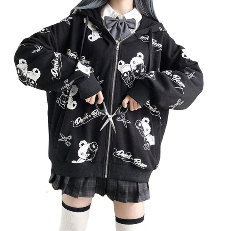 Brroa Áo Khoác Tay Dài Có Khóa Kéo In Hình Gấu Hoạt Hình Phong Cách Gothic Punk Harajuku Mùa Thu Cho Nữ