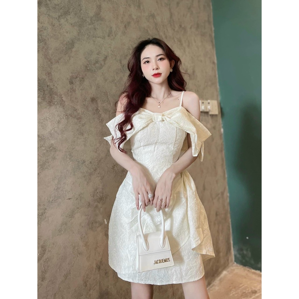Đầm váy nữ trễ vai đan nơ 2 dây với 2 màu siêu xinh trắng, kem sữa tôn da, tôn dáng dành cho các tình yêu đi dự tiệc