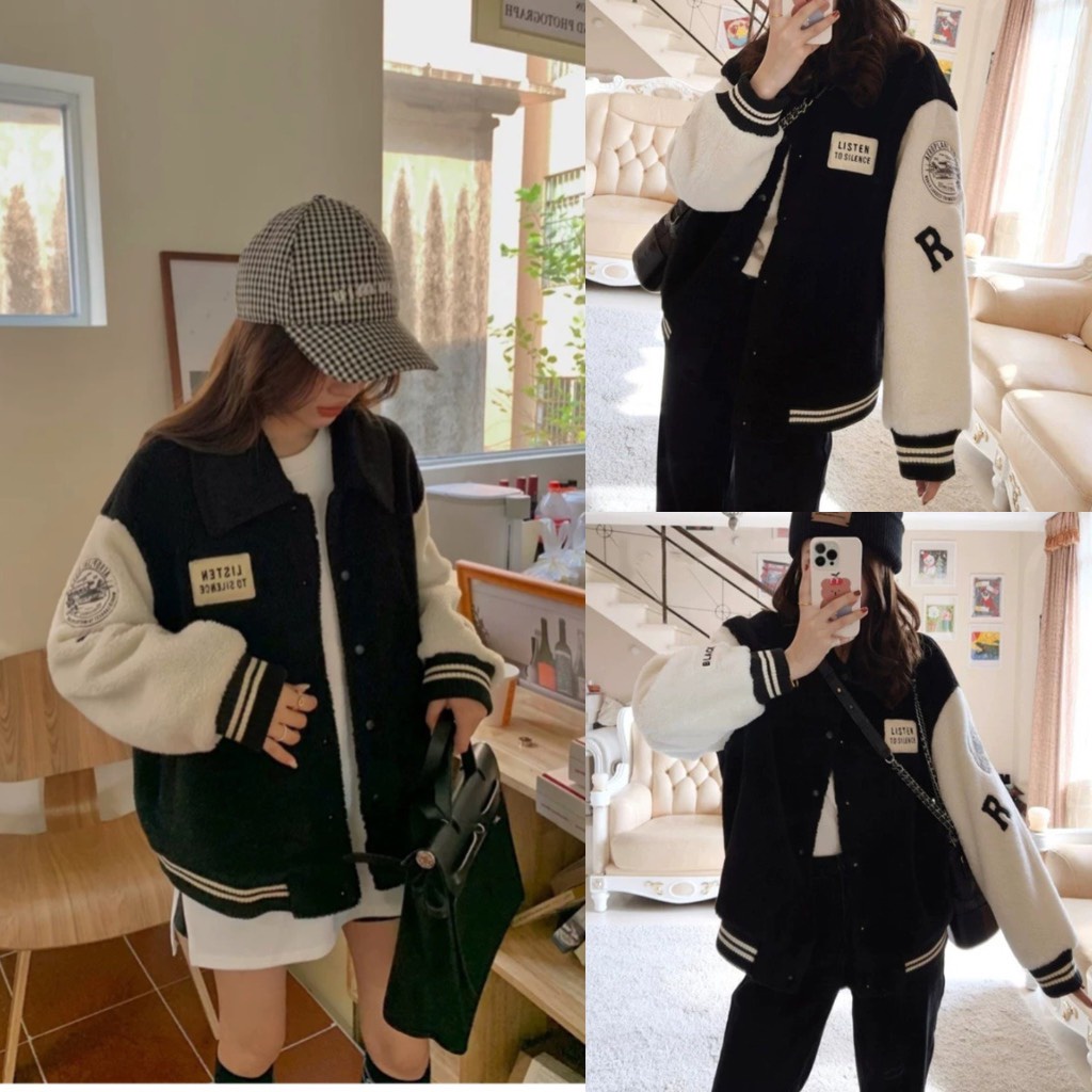 Áo Khoác Bomber Lông Nam Nữ Phối Tay Trắng Họa Tiết Thêu Nổi Lót Nỉ Dày Dặn Phong Cách Cá Tính Bơ Store