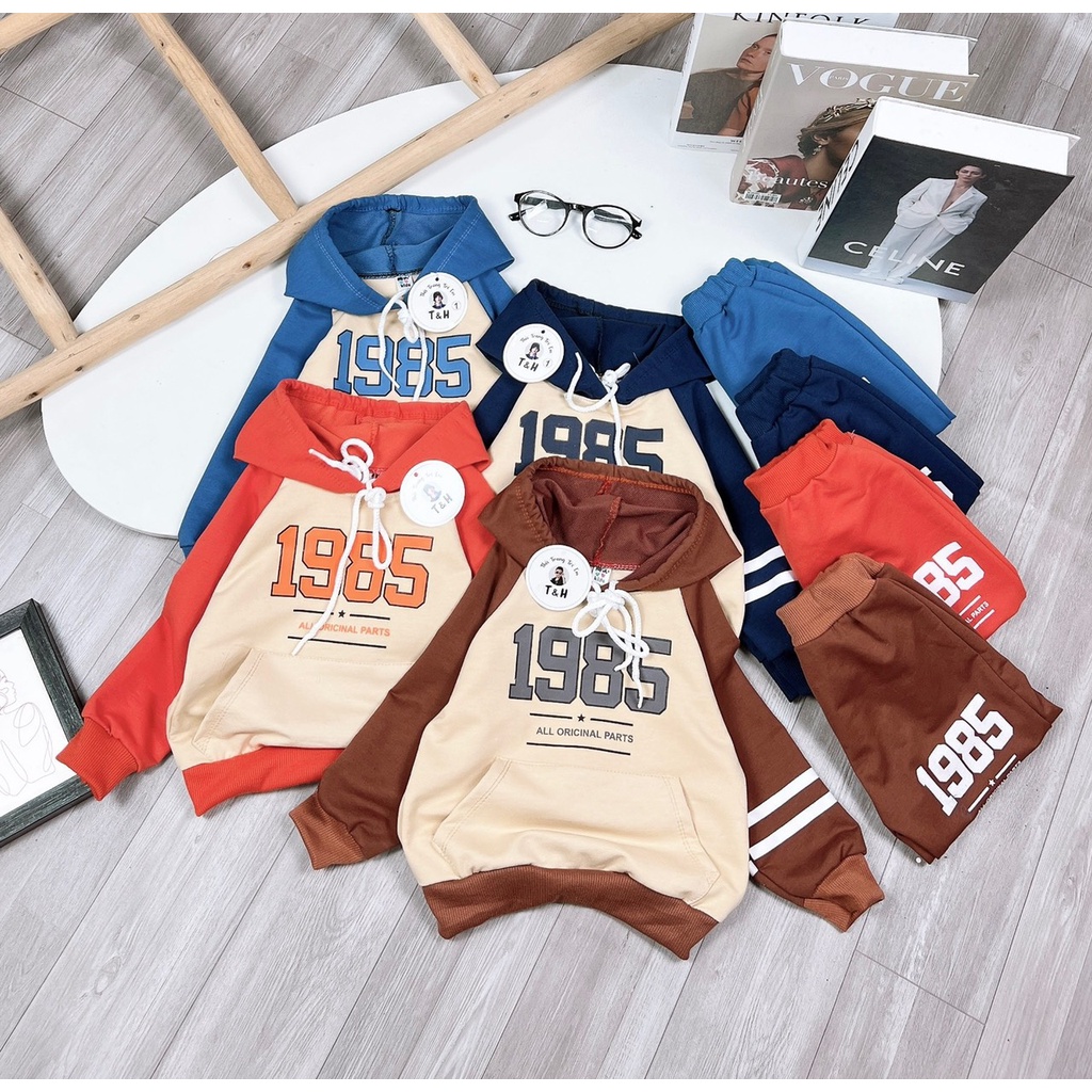 Bộ thu đông bé trai, bộ quần áo Hoodie da cá họa tiết 1985 cho bé