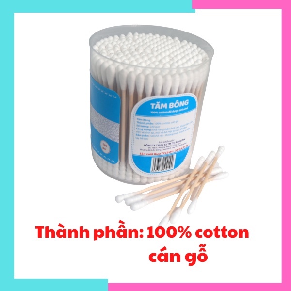 Tăm bông rái tai que gỗ tăm bông ngoáy tai que gỗ hộp tròn 220 cây Rose có 1 đầu xoắn 100% bông tự nhiên