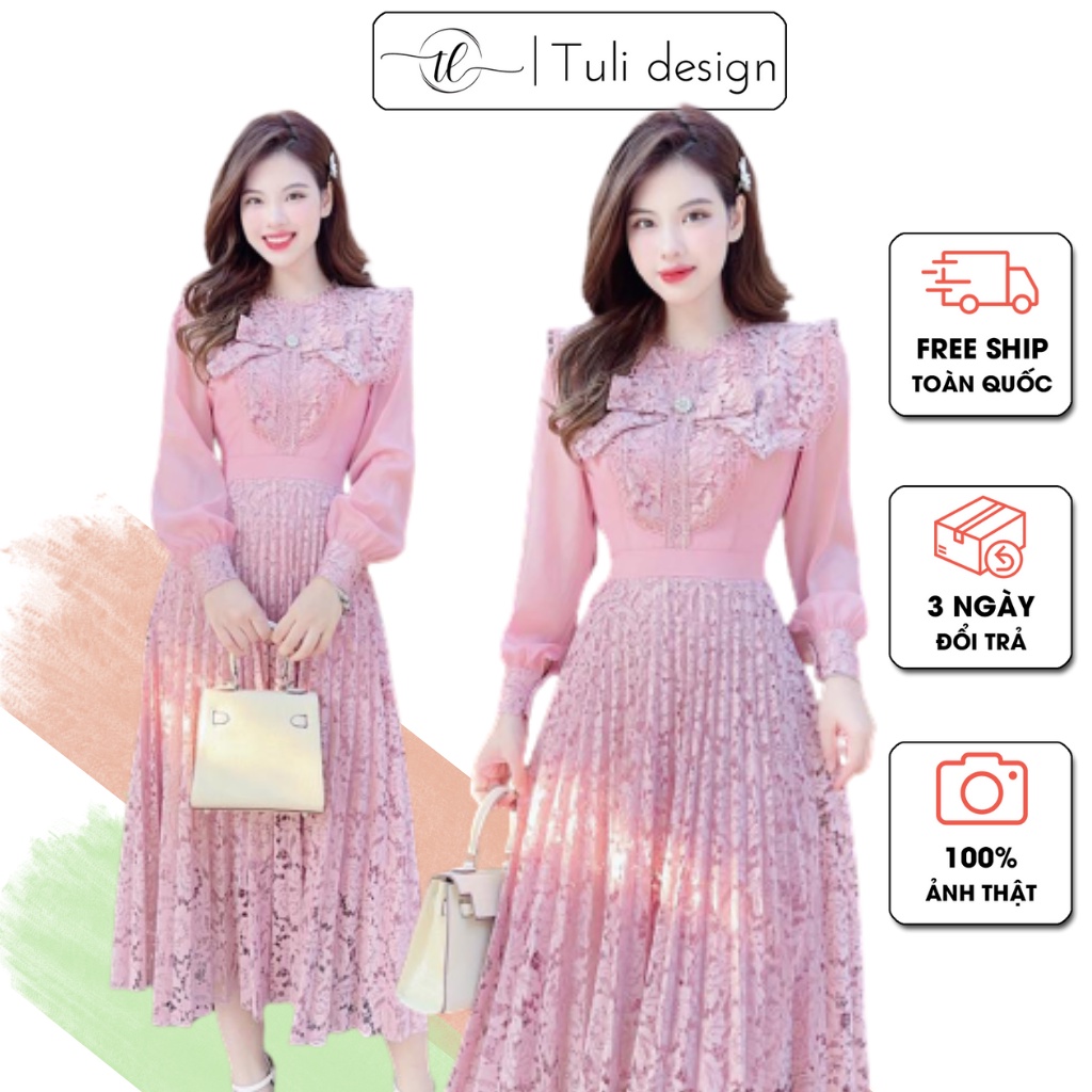 Váy ren thiết kế dáng dài cổ nơ dài tay phối voan màu hồng tím | V176 | Tuli design - Thiết kế cao cấp