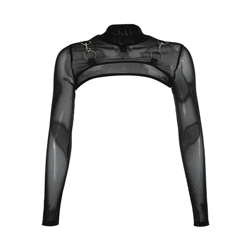 Áo Croptop Lưới Tay Dài Cổ Tròn Có Vòng Kim Loại Mỏng Phong Cách Harajuku Cho Nữ