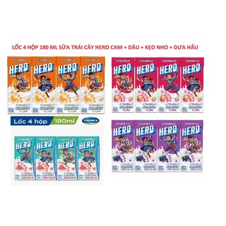 THỨC UỐNG SỮA TRÁI CÂY HERO VỊ DƯA HẤU, CAM, DÂU VÀ KẸO NHO - LỐC 4 HỘP X 180ML