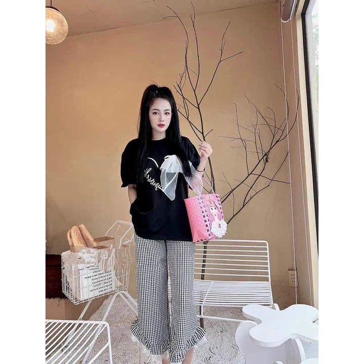 SBKN064: Sét Bộ Áo Nơ Quần Caro Phối Ren, Sét Bộ Đi Chơi Bigsize Quỳnh Anh Từ 50kg Đến 100kg (M/L/XL/XXL)