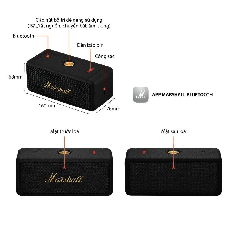 Loa Bluetooth Marshall Emberton 2 (II) - Pin Sử Dụng 30 tiếng, Công Suất 20W, Chống Nước ip67 - Bảo Hành 12 tháng