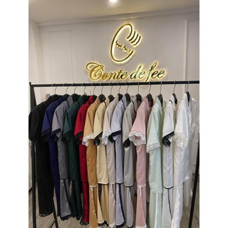 Set pyjamas lụa cao cấp đan ren đen áo cộc tay - quần dài thoải mái, lịch sự