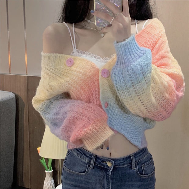 Áo cardigan ZHELIHANGFEI dệt kim tay dài cổ chữ V màu sắc gradient trẻ trung gợi cảm