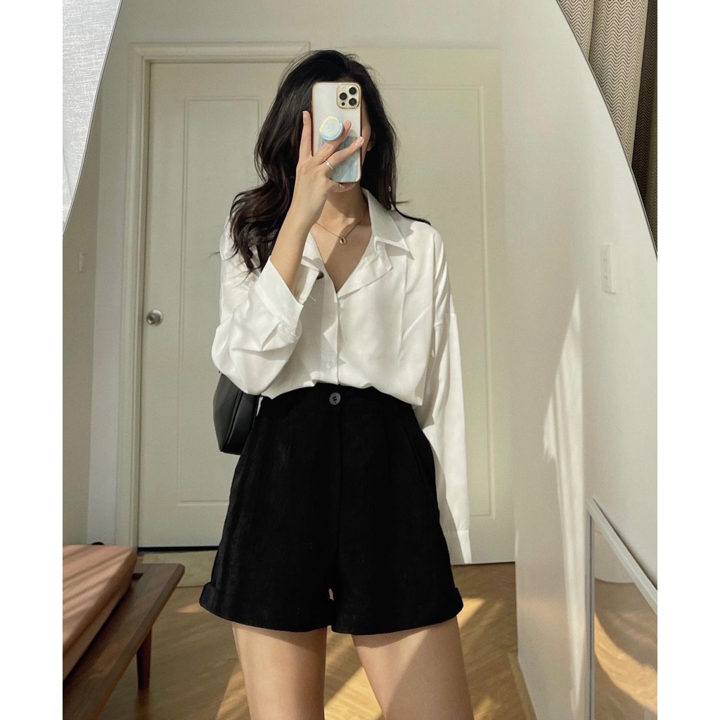 Áo Sơ Mi Trắng Nữ Basic Dài Tay Có Túi Form Rộng Phong Cách Hàn Quốc, Labibi
