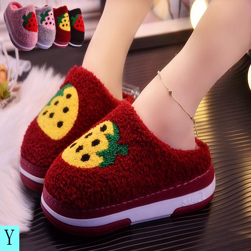 Dép Cotton Đế Xuồng Dày Cao Gót Đính Lông Trái Cây Thời Trang Mùa Thu Phong Cách Hàn Quốc Cho Nữ