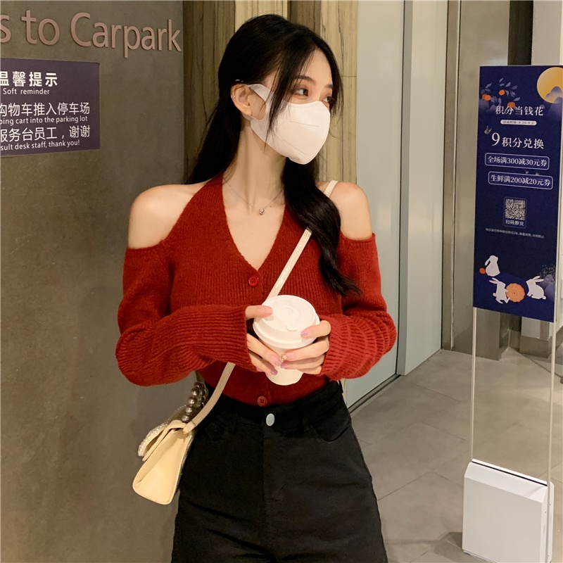 Áo Dệt Kim Tay Dài Hở Vai Cổ Chữ V Thời Trang Hàn Quốc Dành Cho Nữ