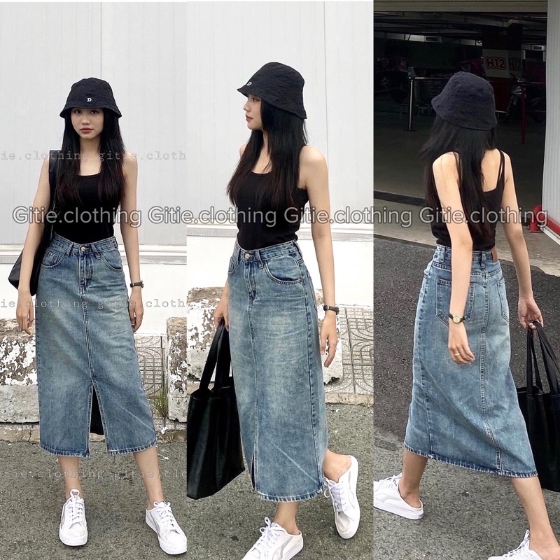 Chân váy jeans dài basic dễ mặc dễ phối đồ phong cách hàn quốc