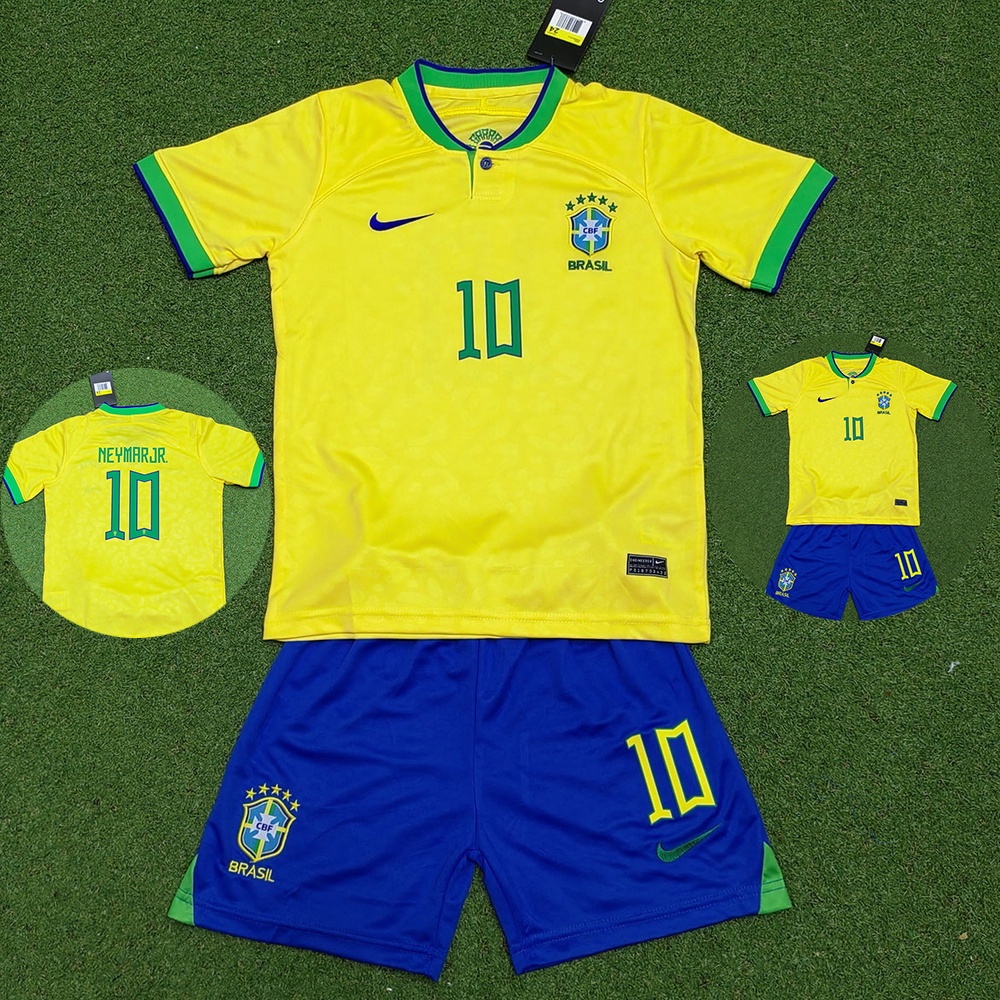 Bộ Quần Áo Bóng Đá Đội Tên Và Số Áo Jersey Neymar Đội Tuyển Brazil 2022-23 Dành Cho Trẻ Em
