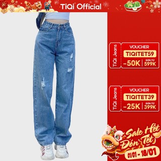 Quần jean ống suông nữ rách gối màu xanh TiQi Jean B2-213