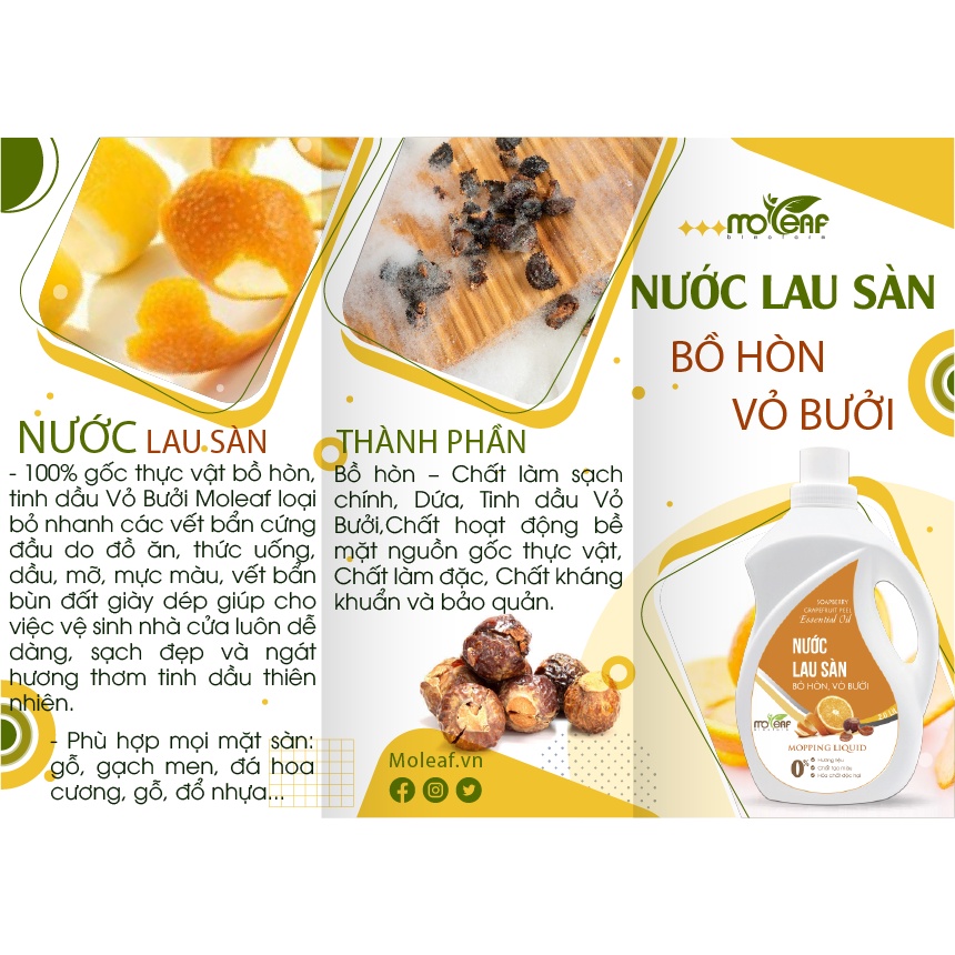 Nước Lau Sàn Hưu Cơ Moleaf đuổi muỗi tinh dầu VỎ BƯỞI, Sả Chanh, Quế, Đàn Hương 2000ml