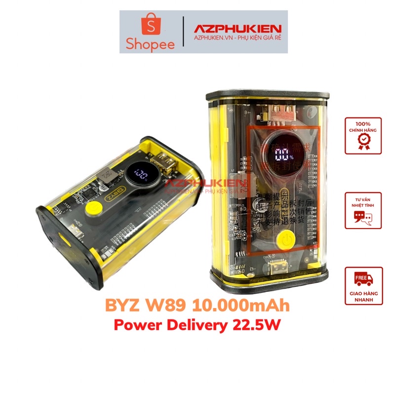 Pin sạc dự phòng vỏ trong suốt BYZ W89 10.000mAh, sạc nhanh 22.5W, Power Delivery 20W - Bảo hành 06 tháng